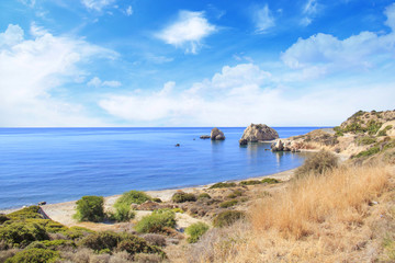 Fototapeta na wymiar Beautiful view of the birthplace of Aphrodite in Cyprus. Petra tu Romiou, Stone of Aphrodite