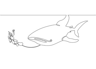 Continuous single drawn one line of a scuba diver with a camera and a shark under the water