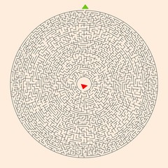 Hard Circle Maze Template with Red Entry Mark and Green Exit Mark on a Light Orange Background.