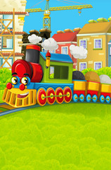 Cartoon funny looking steam train going through the city - illustration for children