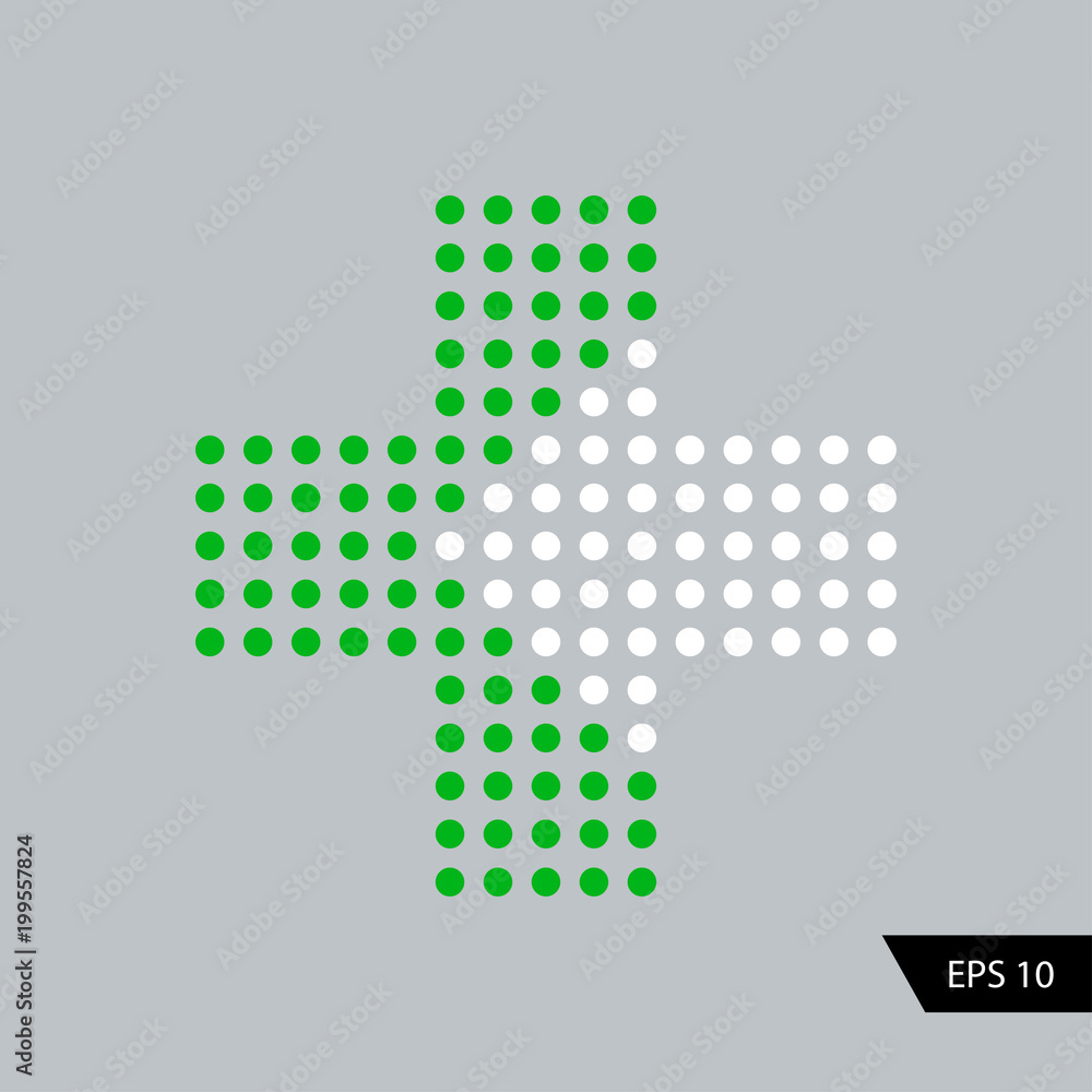 Sticker plus with arrow in dots design. green plus and white arrow.