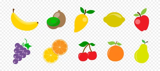 Fotobehang Fresh juicy fruit and berries in flat style on transparent background © smile3377