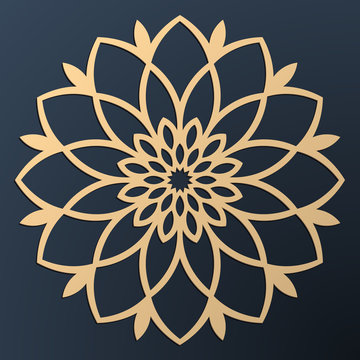 Laser Cutting Mandala. Golden Floral Pattern. Oriental Silhouette Ornament. Vector Coaster Design.