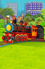 Cartoon funny looking steam train going through the city - illustration for children