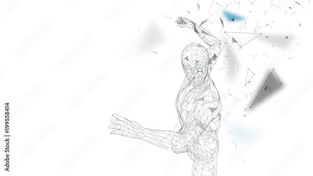 Poster conceptual abstract man is doing powerful punch. connected lines, dots, triangles, particles. artifi
