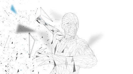 Fototapeta na wymiar Conceptual abstract man is doing powerful punch. Connected lines, dots, triangles, particles. Artificial intelligence concept. High technology vector, digital background. 3D render vector illustration