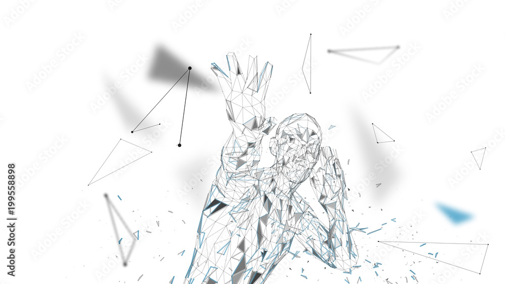 Poster conceptual abstract man is afraid of fear. connected lines, dots, triangles, particles. artificial i