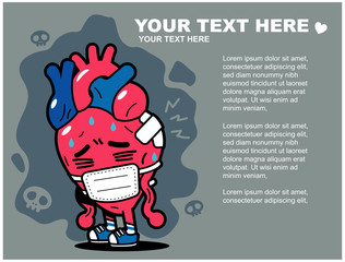 Vector sick heart character wearing mask with sample space for your text.