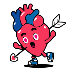 Vector heart character being shot by arrow isolated on white background