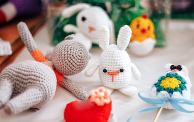 Knitted Chicken and Bunny with Easter egg. Easter toys