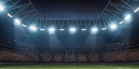 Dramatic 3D professional American football arena with green grass and rays of light © Alex