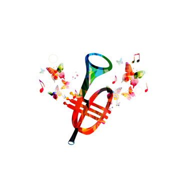 Music colorful background with trumpet. Music festival poster. Trumpet isolated vector illustration. Music instrument vector
