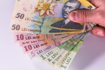 Romanian lei banknotes, close-up