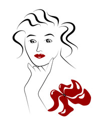 minimalist portrait of a thoughtful woman and red blossom, vector illustration