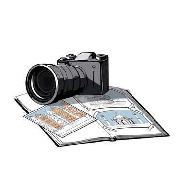 A color image of the camera, notebook and photos . Sketch notebook traveler . 3D vector illustration.