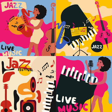 Set of colorful music cards and banners. Music cards with instruments flat vector illustration. Jazz music festival banners. Colorful jazz concert posters