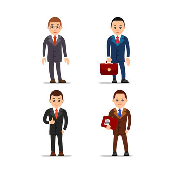 Business man. Set of businessman character in various poses. Man in suit, shirt and blue tie. Set cartoon illustration isolated on white background in flat style