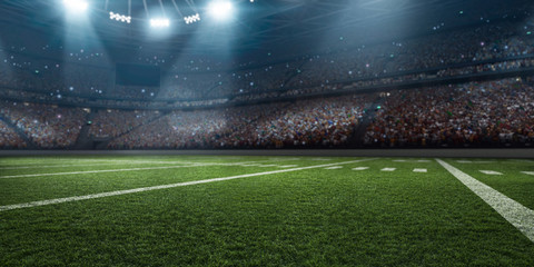 Dramatic 3D professional American football arena with green grass and rays of light - obrazy, fototapety, plakaty
