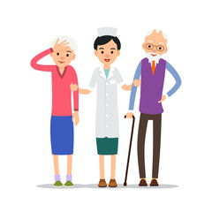 Elderly patients. Nurse stands and supports the hands of sick elderly people. Grandmother holds a sick head with her hand, grandfather presses her hand to the sore back. Illustration isolated on white
