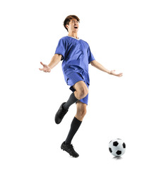 Fototapeta na wymiar happy asian soccer player celebrating  isolated on white