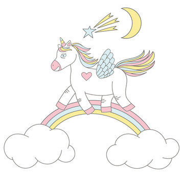 Vector print design of a cute unicorn on rainbow with stars and moon. Wallpaper with  unicorn and miracle elements