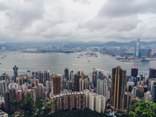 Sky view of Hong Kong harbour and ocean from the Peak