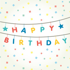 Garland that says happy birthday with multi-colored confetti. Vector illustration