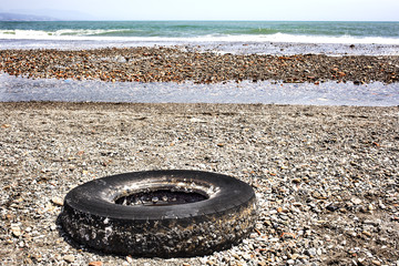 neumático de coche abandonado en una playa llena de conchas marinas con el mar con olas al fondo , el horizonte y el cielo azul