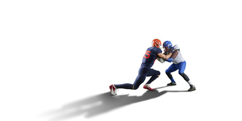Isolated American football players fight for the ball in white background
