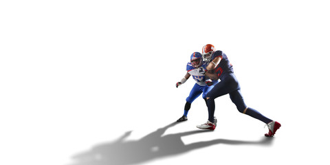 Fototapeta na wymiar Isolated American football players fight for the ball in white background