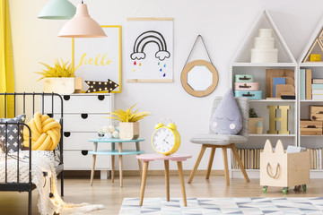 Scandi bedroom interior with posters