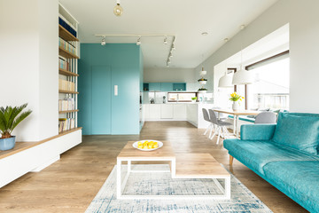 Turquoise spacious apartment interior