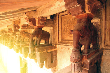 India. Elephants under the peak of the temple