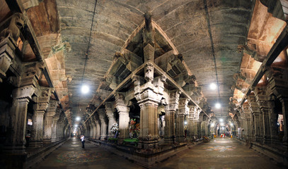 India Kanchipuram temple. Panorama of the colonnade