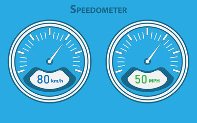 Set of white speedometers for the interface. Vector speedometers on a blue background.