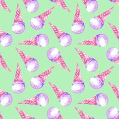 Seamless ice-cream pattern. Watercolor hand drawn summer print in unusual colors with ice lolly and Ice cream in a waffle cup. Childish baby background. Food print. Fabric, paper, cover, web. Gelato.
