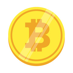 Coin of golden bitcoin. Farm for the production of crypto currency, mining. Virtual money. Flat vector cartoon illustration. Objects isolated on white background.