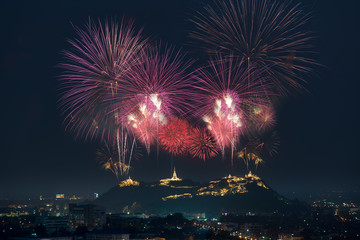 Fireworks annual festival at ancient place Phra Nakhon Khiri (Khao Wang) one of the landmark in Phetchaburi Province Thailand.