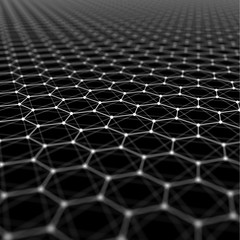 Futuristic Hexagon Pattern Abstract Background. 3d Render Illustration. Space surface. Dark sci-fi backdrop. Dots and lines connections. Science and technology concept. Big data macro wireframe.