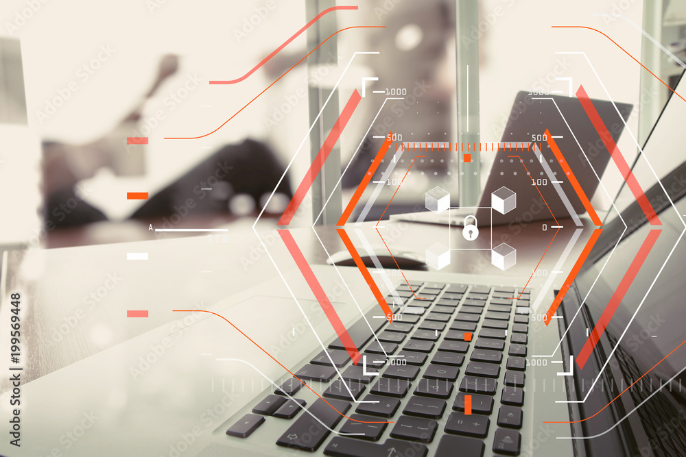 Poster blockchain technology concept with a chain of encrypted blocks.businessman working with laptop compu