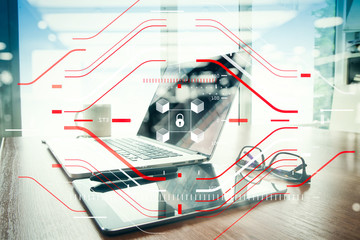 Blockchain technology concept with a chain of encrypted blocks.businessman working with laptop computer with fintech, financial cryptocurrency such as bitcoin