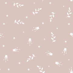 Princess Crown. Seamless repeating pattern. Diadem princess isolated on pink background.