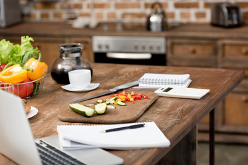 close-up shot of teleworking workplace at kitchen with food on table and laptop