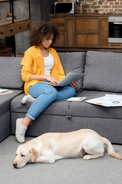 beautiful young woman working at home while her dog lying on floor