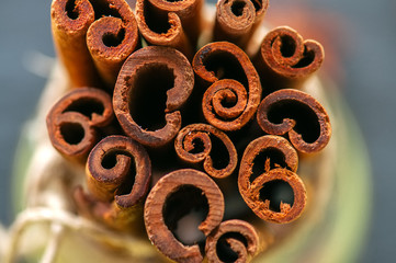 Close up of cinnamon sticks. Top view.