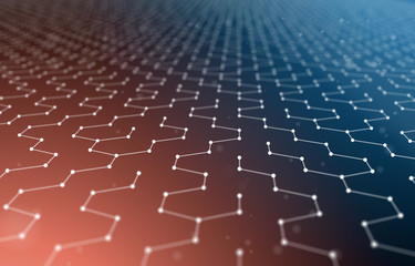 Obraz premium Futuristic Hexagon Pattern Abstract Background. 3d Render Illustration. Space surface. Dark sci-fi backdrop. Dots and lines connections. Science and technology concept. Big data macro wireframe.