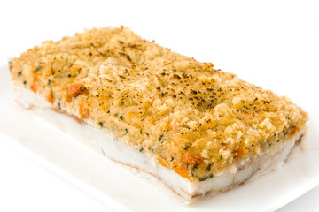 White fish casserole with cheese isolated on white background
