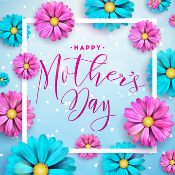 Happy Mothers Day greeting card design with flower and typographic elements on blue background. Vector Celebration Illustration template for banner, flyer, invitation, brochure, poster.