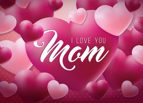 Happy Mothers Day Greeting card design with heart and Love You Mom typographic elements on red background. Vector Celebration Illustration template for banner, flyer, invitation, brochure, poster.