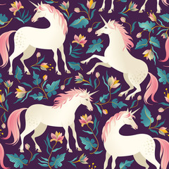 Seamless pattern with beautiful unicorns. Vector magic background for kids design. © Angelina Bambina